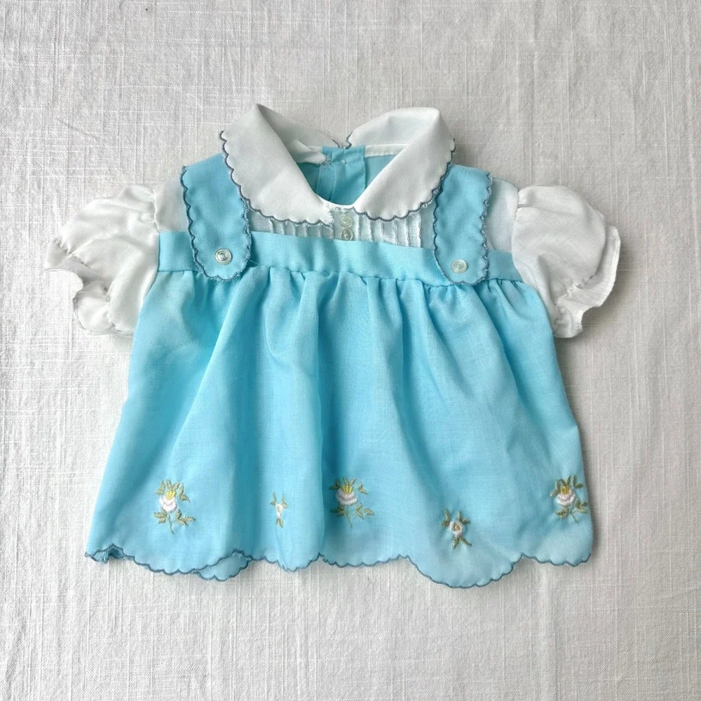 Vintage 1950s Doll Dress Blue Embroidered Floral Scalloped Puff Sleeve 8-10 inch